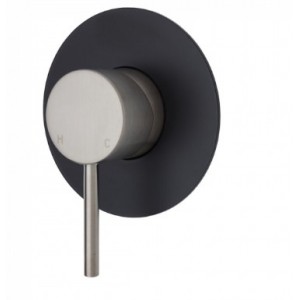 Kaya Wall Mixer, Brushed Nickel, Large Round Matte Black Plate